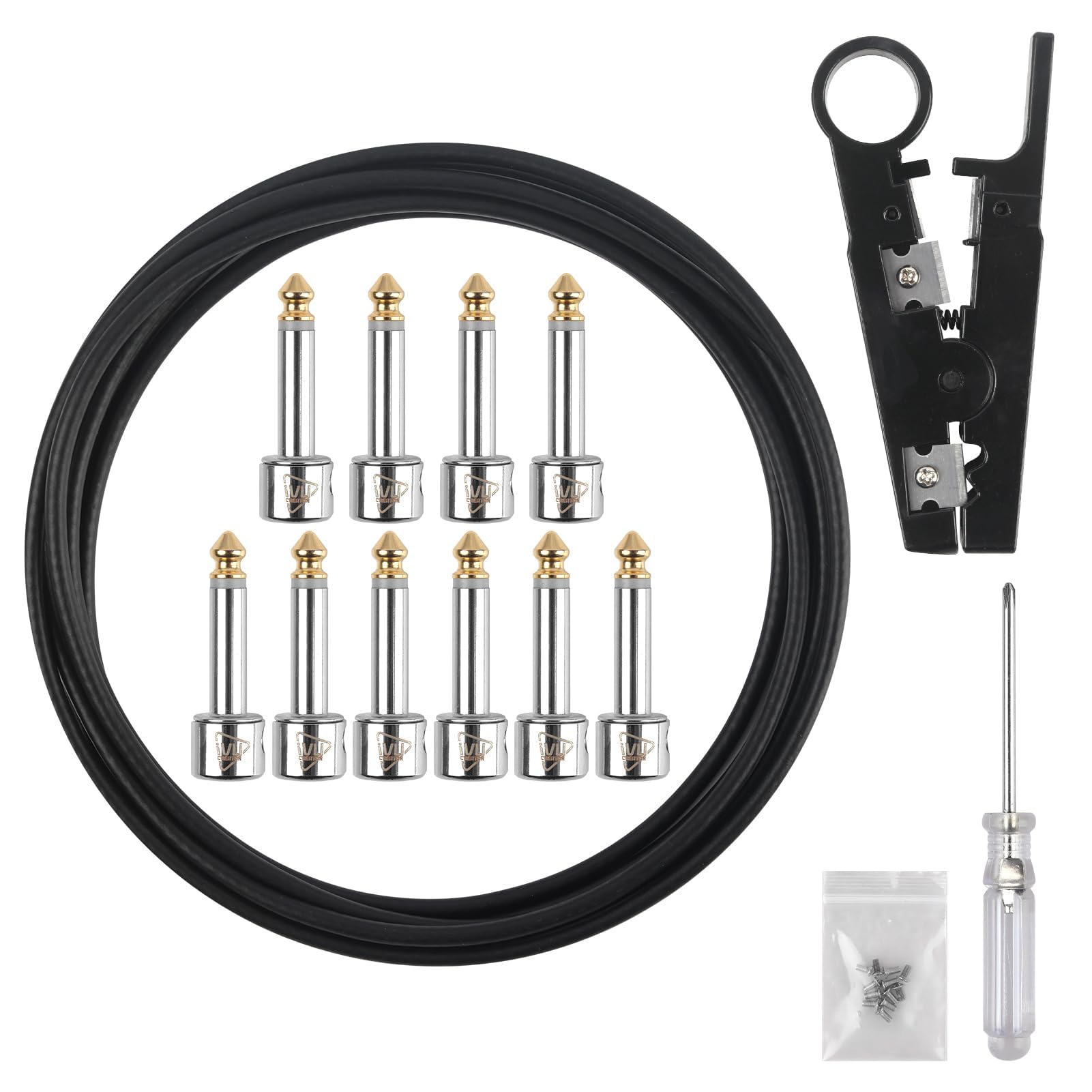 Lötfreies Pedalboard-Kabel-Set, 3 m Kabel und 10 vergoldete Steckverbinder für Gitarreneffekte und Pedalplatine, DIY-Patchkabel mit Cutter, Bolzentreiber