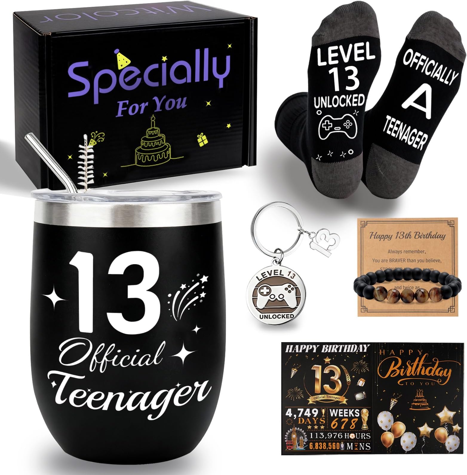 13th Birthday Gifts For Boys,13 Year Old Boy Birthday Gift Ideas with 12 Oz Tumbler, Funny Socks,Birthday Card, Bracelet,Keychain,Coolest Gifts for 13 Son Grandson Nephew Friend Birthday