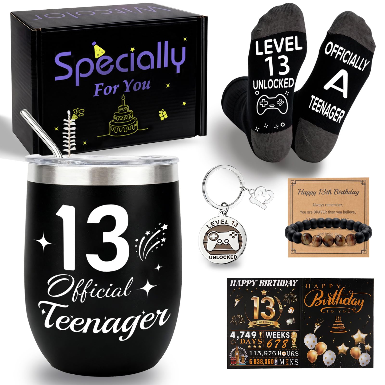 13th Birthday Gifts For Boys,13 Year Old Boy Birthday Gift Ideas with 12 Oz Tumbler, Funny Socks,Birthday Card, Bracelet,Keychain,Coolest Gifts for 13 Son Grandson Nephew Friend Birthday