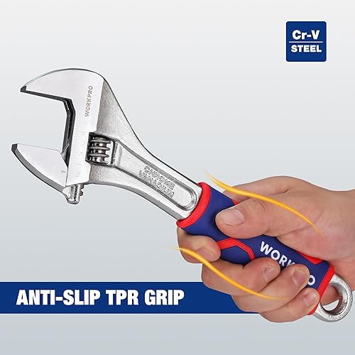 Miniatura 6 de WORKPRO Llave ajustable de 10 pulgadas, llave de apertura de mandíbula ancha con agarre antideslizante de goma, escalas métricasSAE, acero Cr-V