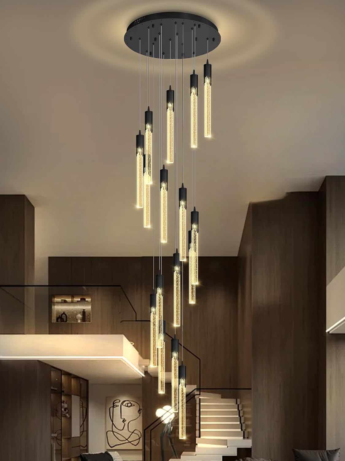 Flashing God 137'' Large Crystal Chandeliers for High Ceiling 16-Lights Stairway Chandelier Modern Black Chandelier Crystal Pendant Ceiling Light for Living Room Foyer Entrance