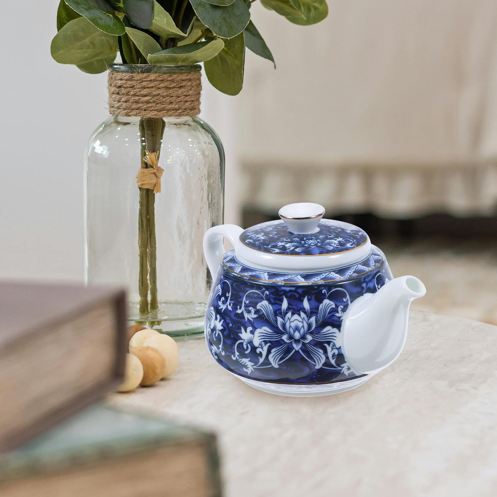 Tetera de Cerámica Azul Estilo Chino para Té, con Asa y Filtro
