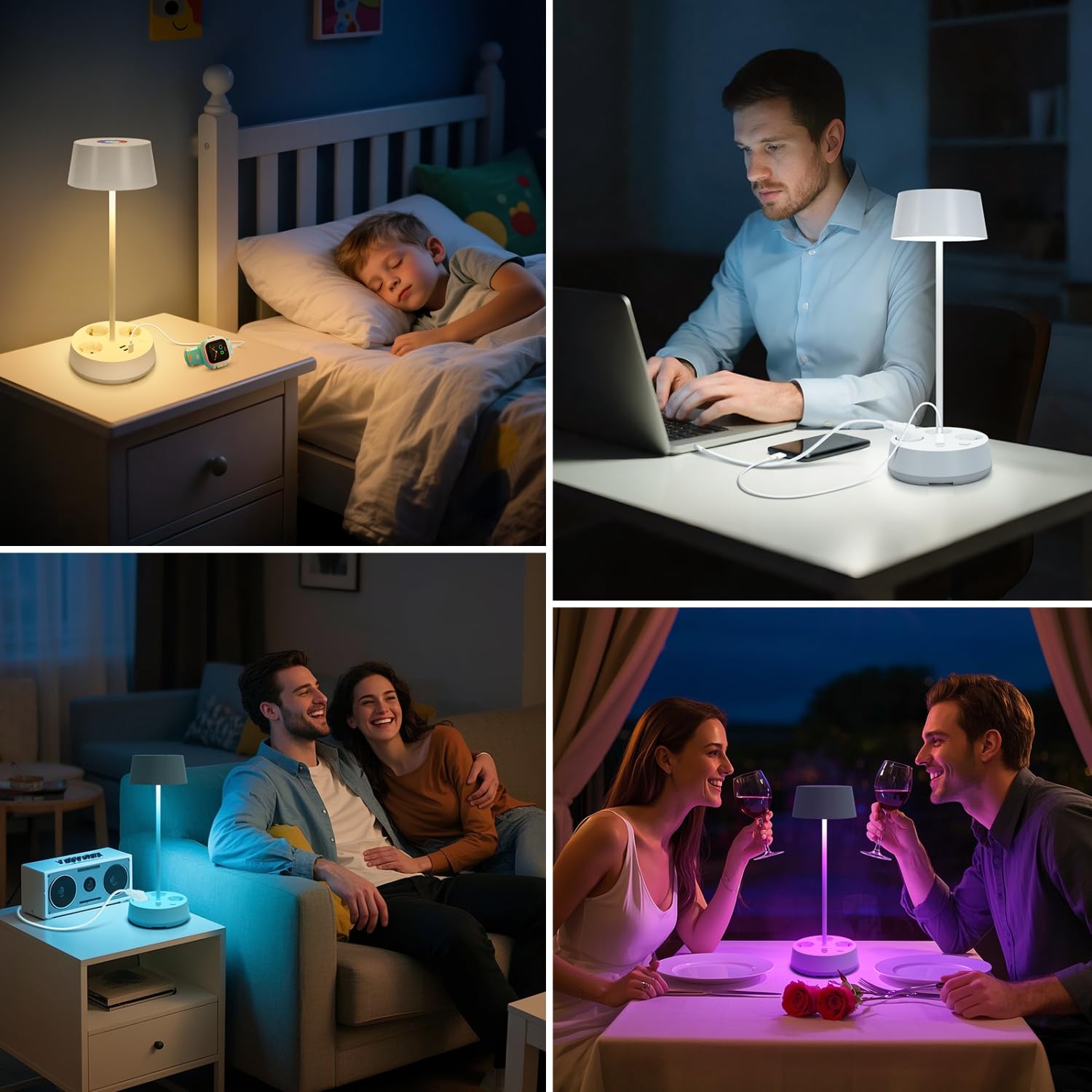 Aigostar 2 Stück Schreibtischlampe mit Stecker und Steckdosen, USB- und Typ-C-Ausgang, Touch-Tischlampe, 3 Farbtemperaturen + RGB, einstellbare Helligkeit (Weiß)