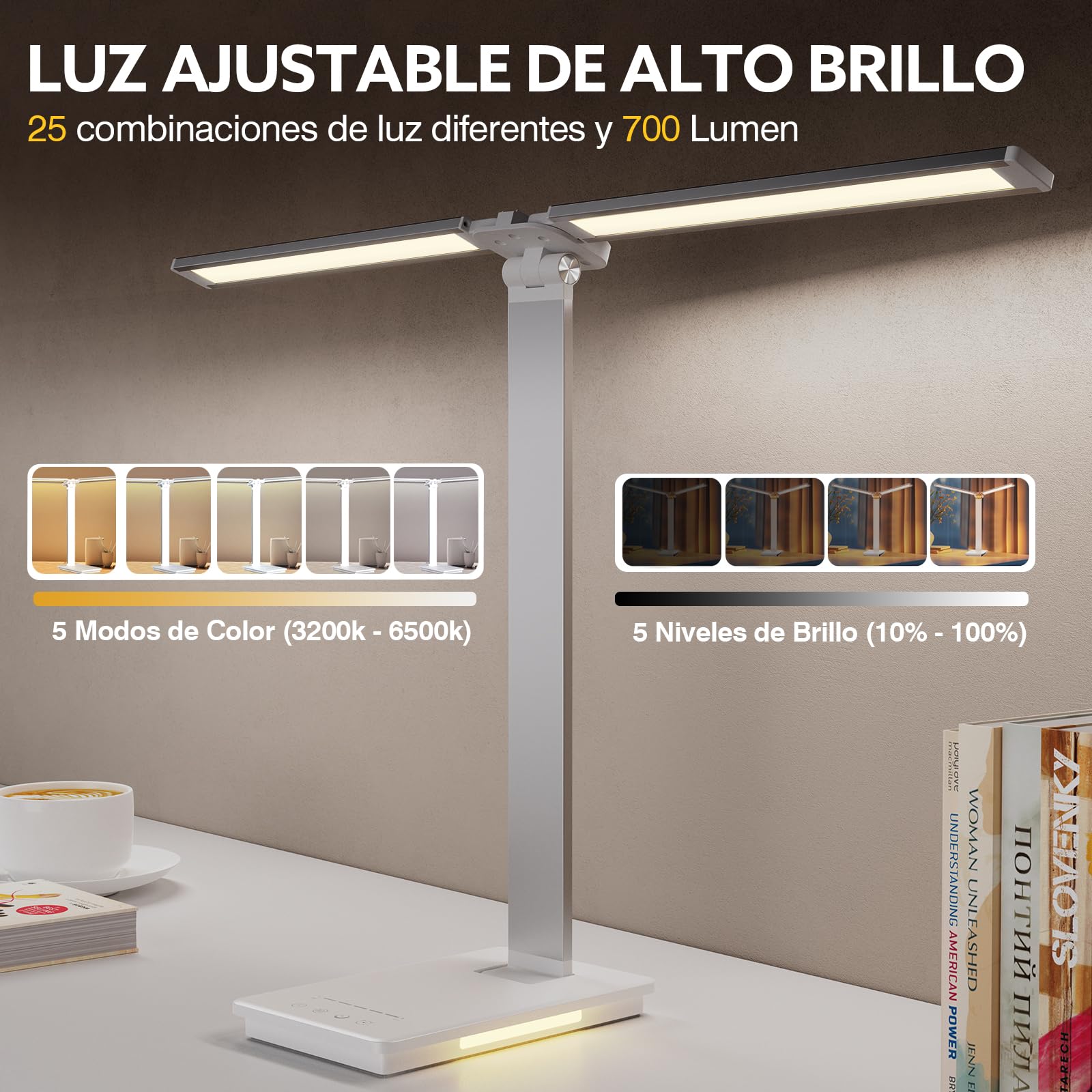 LENDOO LED Lampara Escritorio,Doble Cabeza Flexo LED Escritorio, Batería Inalámbrica 700 Lumen con 5 Modos Regulable 3000K-6500K, Cuidado Ocular,Temporizador de 30/60min,para Trabajo Estudio
