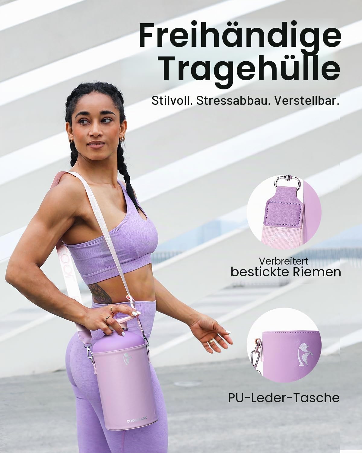 Coolflask Gallonen-Wasserflasche isoliert mit PU-Lederhülle, 3,6 l Wasserflasche, Farbkontrast mit Strohhalm-Deckeln, großer Edelstahl-Krug, hält 48 Stunden heiß 24 Stunden kalt, lila