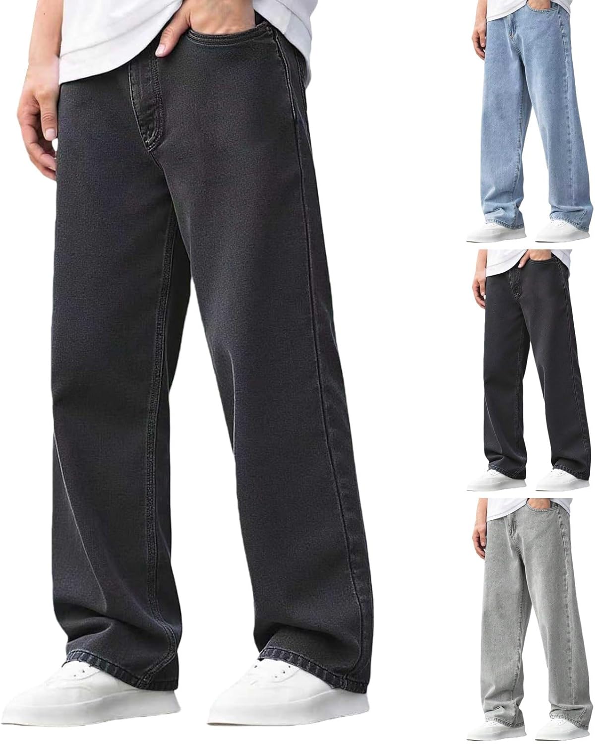 Boys Baggy Jeans Straight Leg Elastic High Waist Preppy Denim Pants Teen Kids Trendy Loose Vintage Pockets Trousers