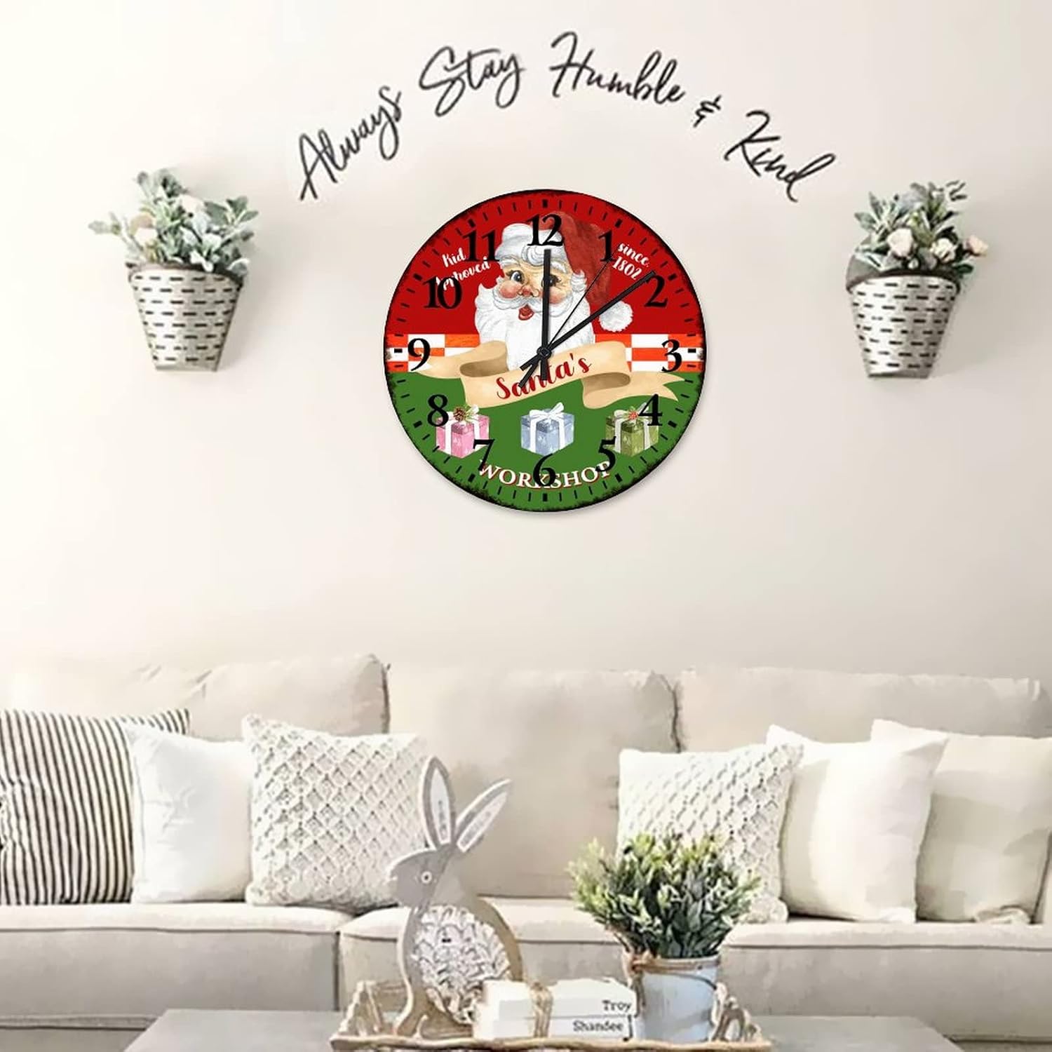 Clock Santa's Workshop Table Clock Silent Non-Ticking Quartz Battery Operated Arabic Numbers Seasonal Holiday Christmas Round Clock for Living Room Bedroom Office Kitchen School 15 Inch