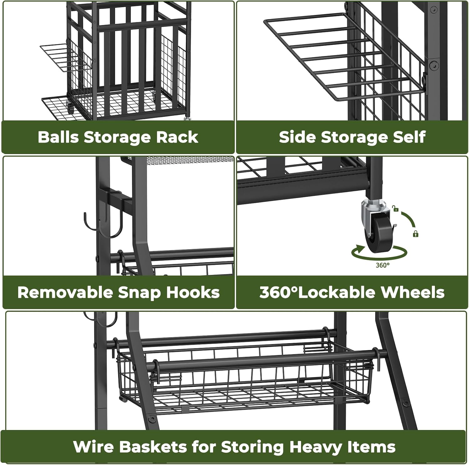 Sports Equipment Garage Organizer,Garage Ball Storage Rack with Elastic Straps,Small Rolling Ball Holder Cart with Wheels for Sports Gear,Indoor/Outdoor Toy Storage with Hooks and Baskets,BK - Image 6