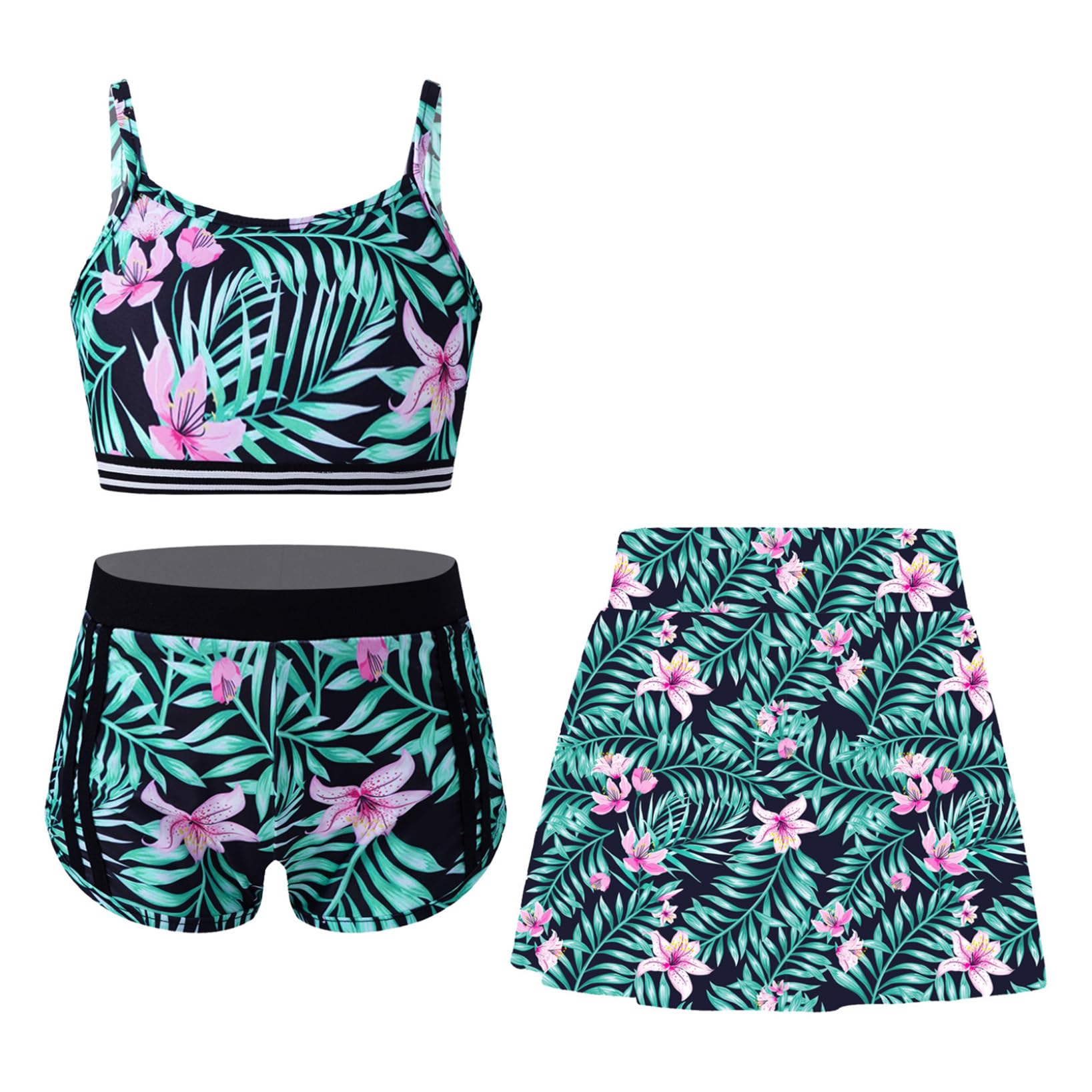 Nyeemya Conjunto de Bikini Hawaiano para niñas con Estampado de Hojas de Palma Tankini Top y bañador Falda de baño de Verano Traje de baño con protección UV Ropa de Playa