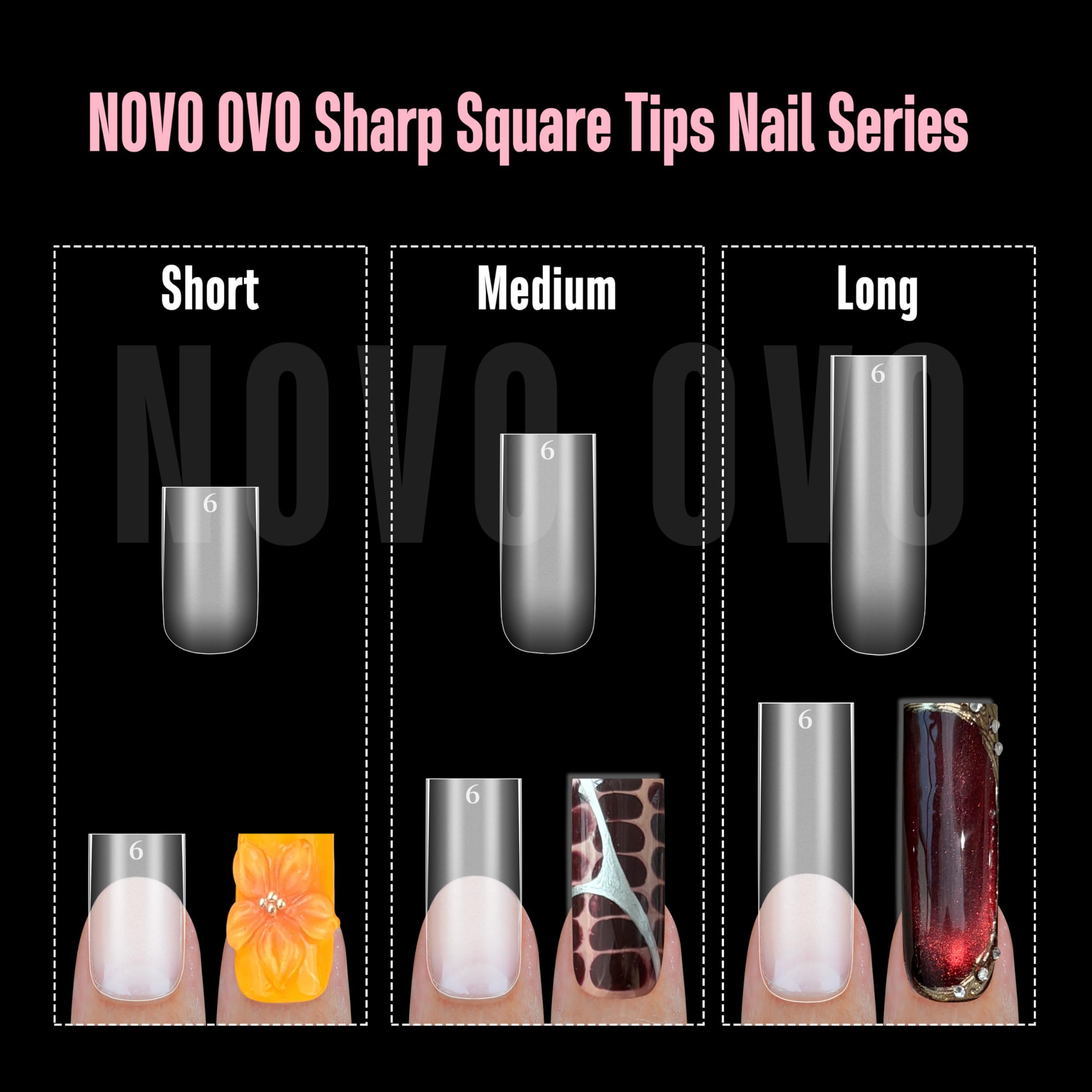 NOVO OVO Sharp Square Medium Nail Tips Press on, Natural (Not Sculpted) No C-Curve Soft Gel podwójnie matowe sztuczne przedłużenie paznokci, pełnokrywające paznokcie do salonu DIY manicure, 15