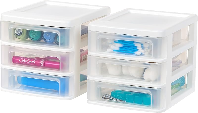IRIS USA Organizador de escritorio apilable de plástico pequeño, paquete de 2, 3 cajones, blanco | Mantenga ordenados los escritorios de los dormitorios con cajones para útiles escolares, maquillaje, cargadores, refrigerios y artículos universitarios cotidianos.