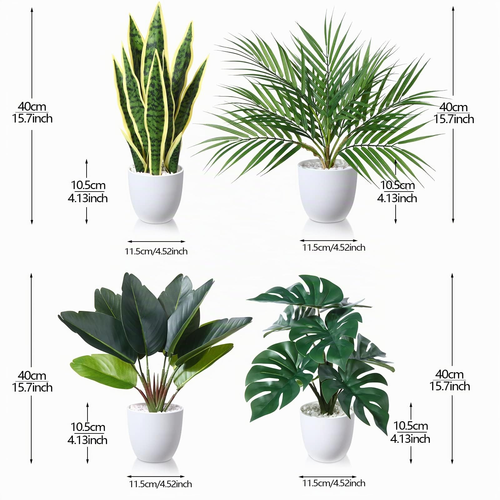 SOGUYI Plante Artificielle 40cm Sansevieria/Areca Palm/Bird of Paradise/Tropical Monstera Fausse Plante pour la Maison, Bureau et Décoration Interieur Exterieur(4 Stück)