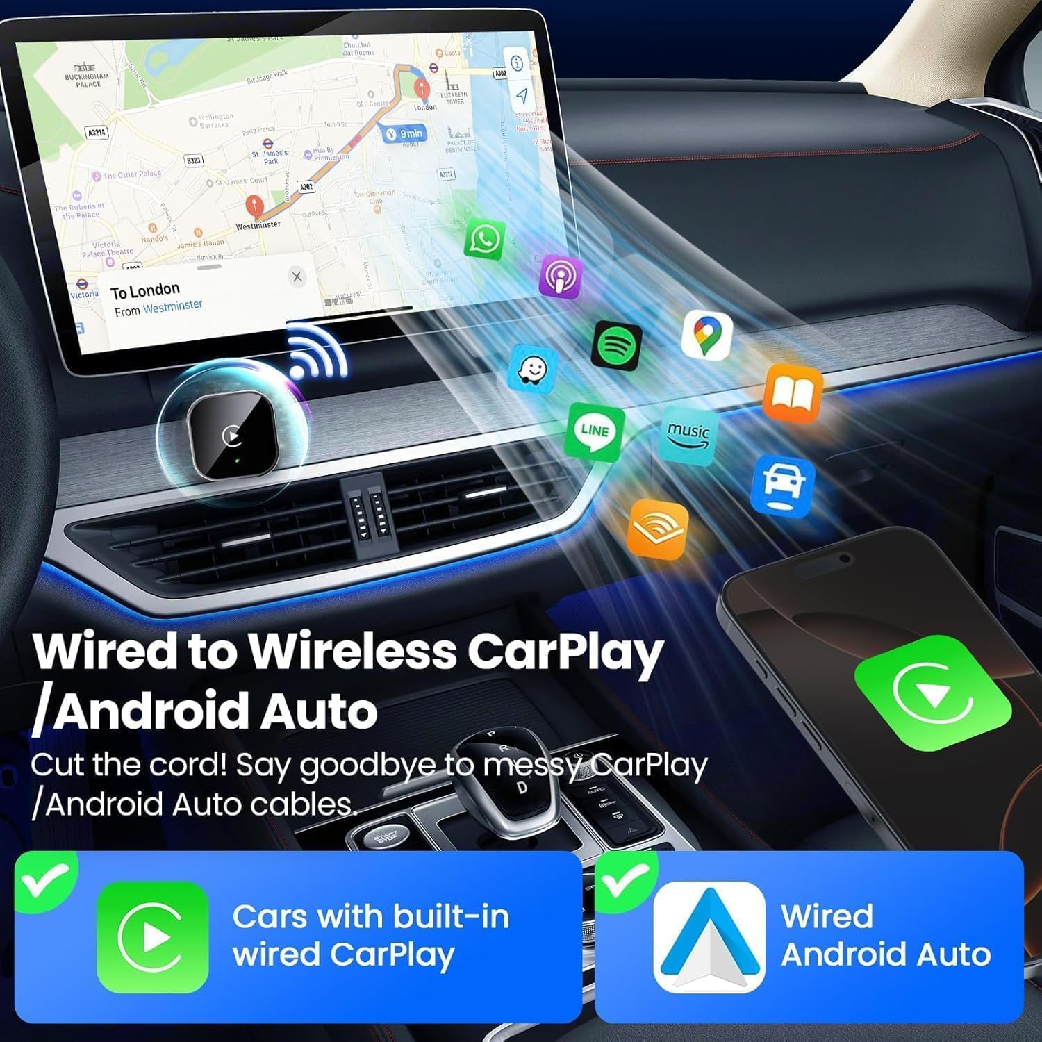 Wireless CarPlay Adapter,Schnelles Upgrade auf Kabellos für Apple CarPlay & Android Auto, Plug & Play, Bluetooth 5.0, Mini & stabile 5GHz WLAN, kompatibel iOS 10+/Android 11+ & Autos ab 2016