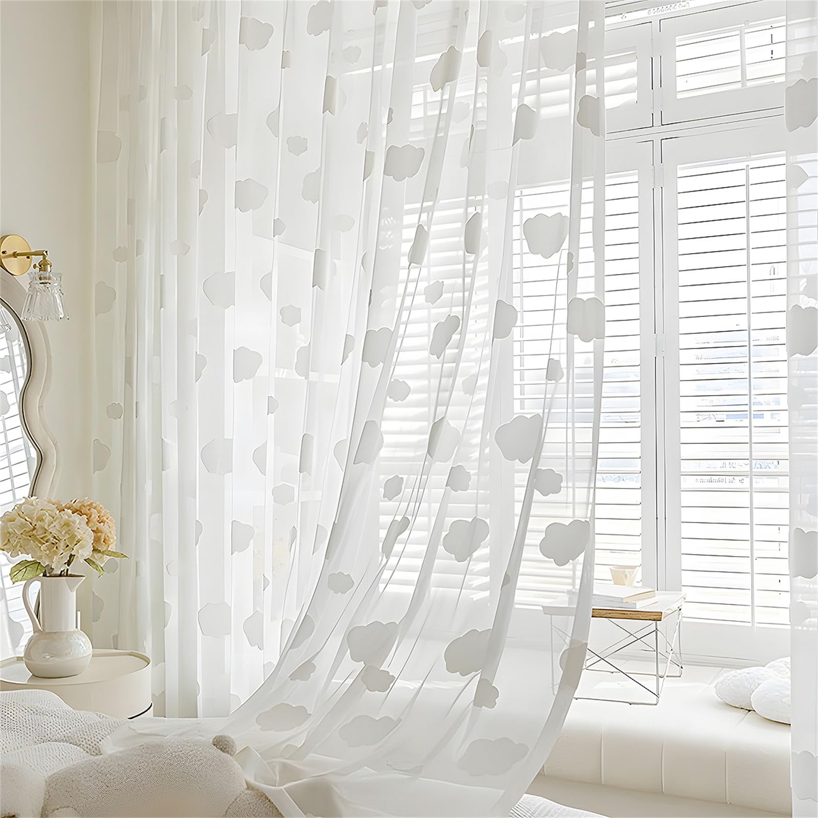 Odot Sheer Curtains Living Room, Jacquard Clouds White Curtains Window Curtain with Rod Pocket, 2 Pieces Modern Curtain for Bedroom Dining Room (52 x 63 Inches)