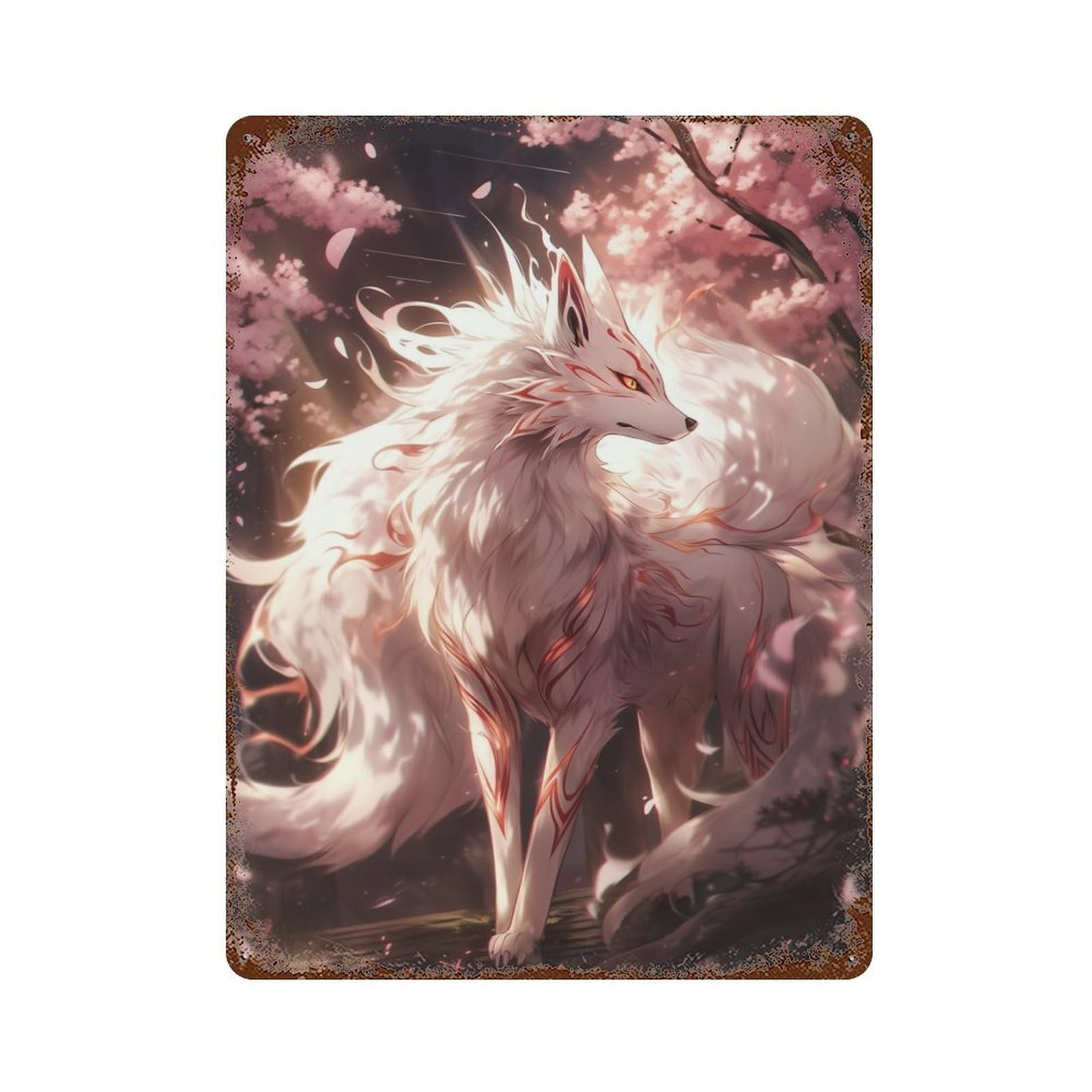 Rusty Metal Tin Sign with White Sakura Kitsune Design 15.7"x11.8", for Garage, Bar And Workshop Decor, Decorative Metal Wall Art