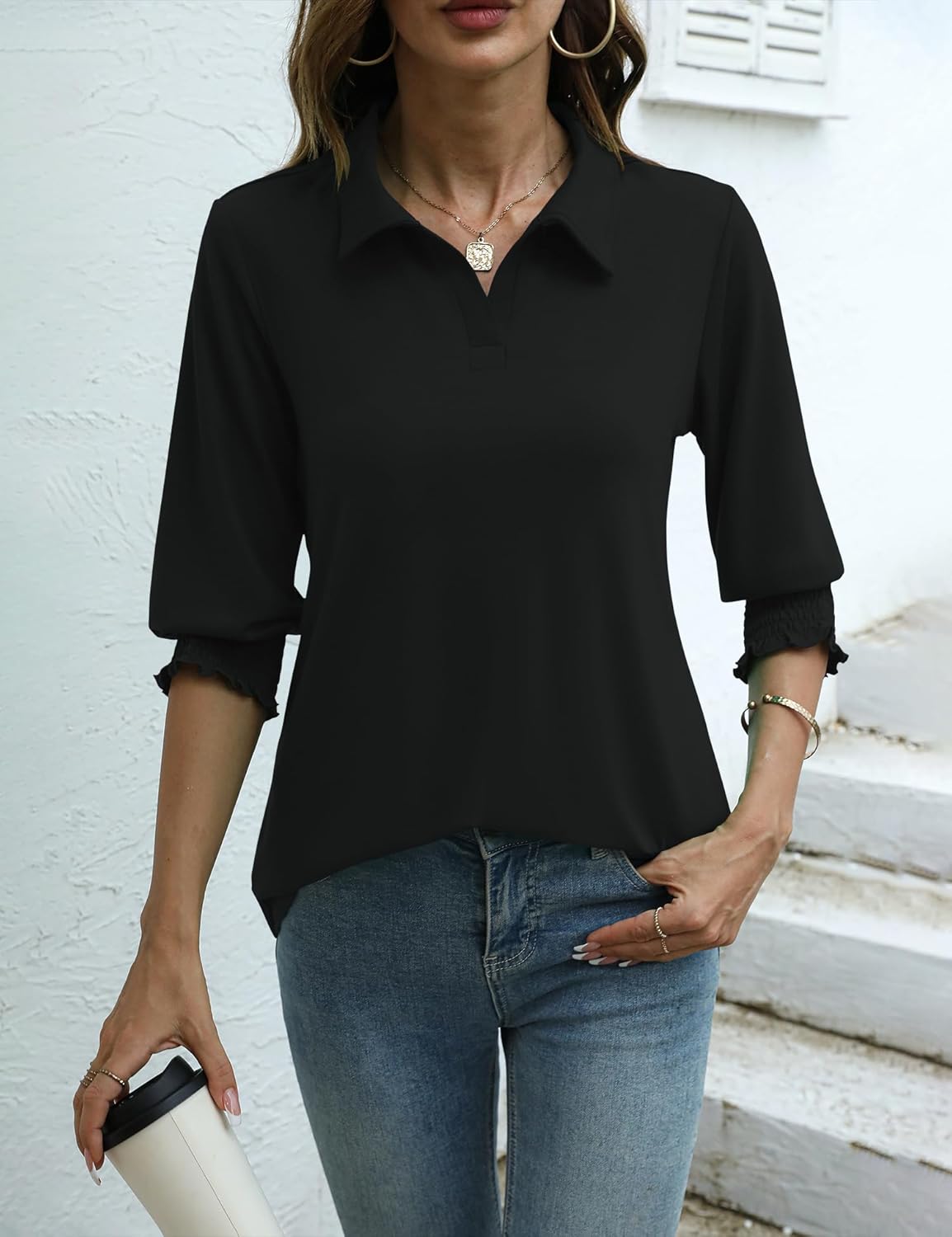 Ivicoer Womens 3/4 Length Sleeves Polo Shirts Collared Tops Business Casual Blouses Basic Tees Trendy Outfits Spring Clothes - Image 5