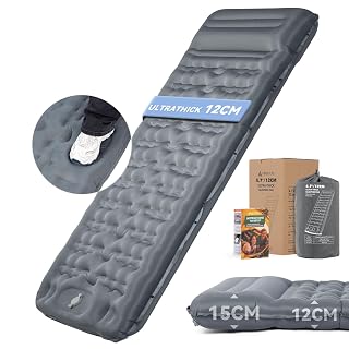 HIKENTURE Camping Sleeping Mat, 12cm Thick Ultralight Inflatable Sleeping Pad with Built-in Foot Pump and Pillow, Compact & Lightweight Air Mattress for Camping, Hiking, Backpacking & Tent(Grey) - Amazon product rated Grade A