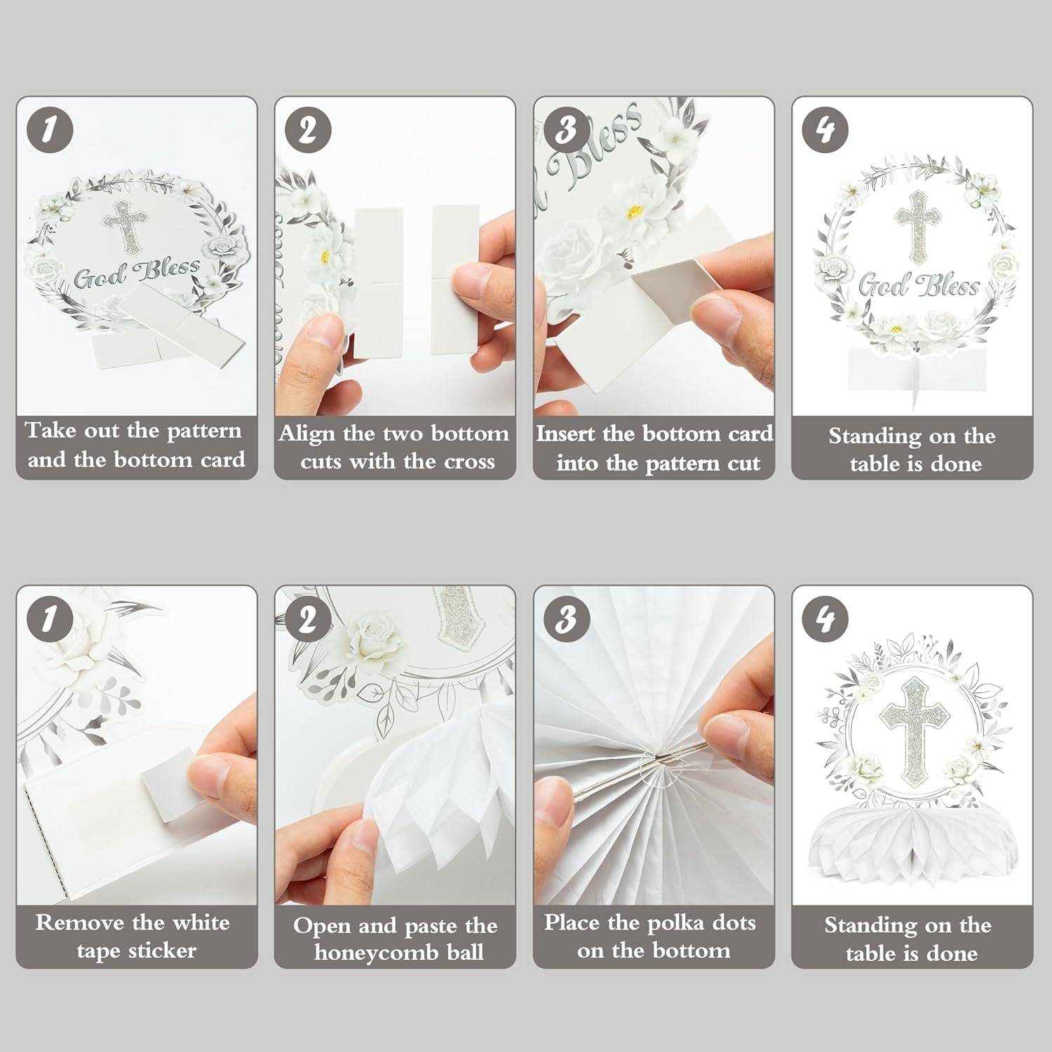 ANGOLIO Baptism Centerpieces Table Decorations - 12Pcs God Bless White Sliver Floral Honeycomb Centerpieces Party Supplies Cross Religious Table Toppers for Bible Baby Shower Birthday Party Favors
