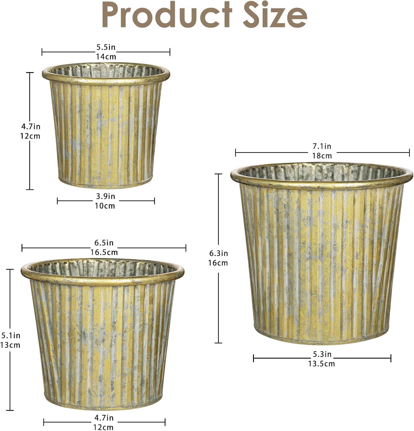 Gold Metal Rustic Flower Pots - 3 PCS Galvanized Planters Rustproof Durable Metal Buckets Plant Pots Vintage-Inspired Charm Rustic for Farmhouse Garden Herb Indoor Outdoor Decor(Dia.5.5"/6.5"/7.1")