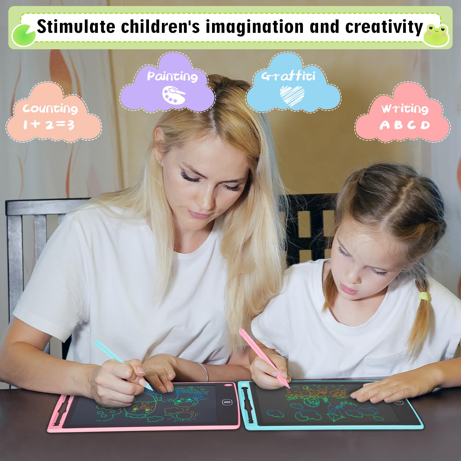 Damcyer 2 Pezzi Tavoletta Grafica LCD Scrittura 8,5 Pollici,LCD Tavoletta Grafica Bambini con Schermo Colorato,Taccuino Cancellabile con Adesivi Animali,per Ragazzi e Ragazze di età 3 4 5 6,Blu+Rosa