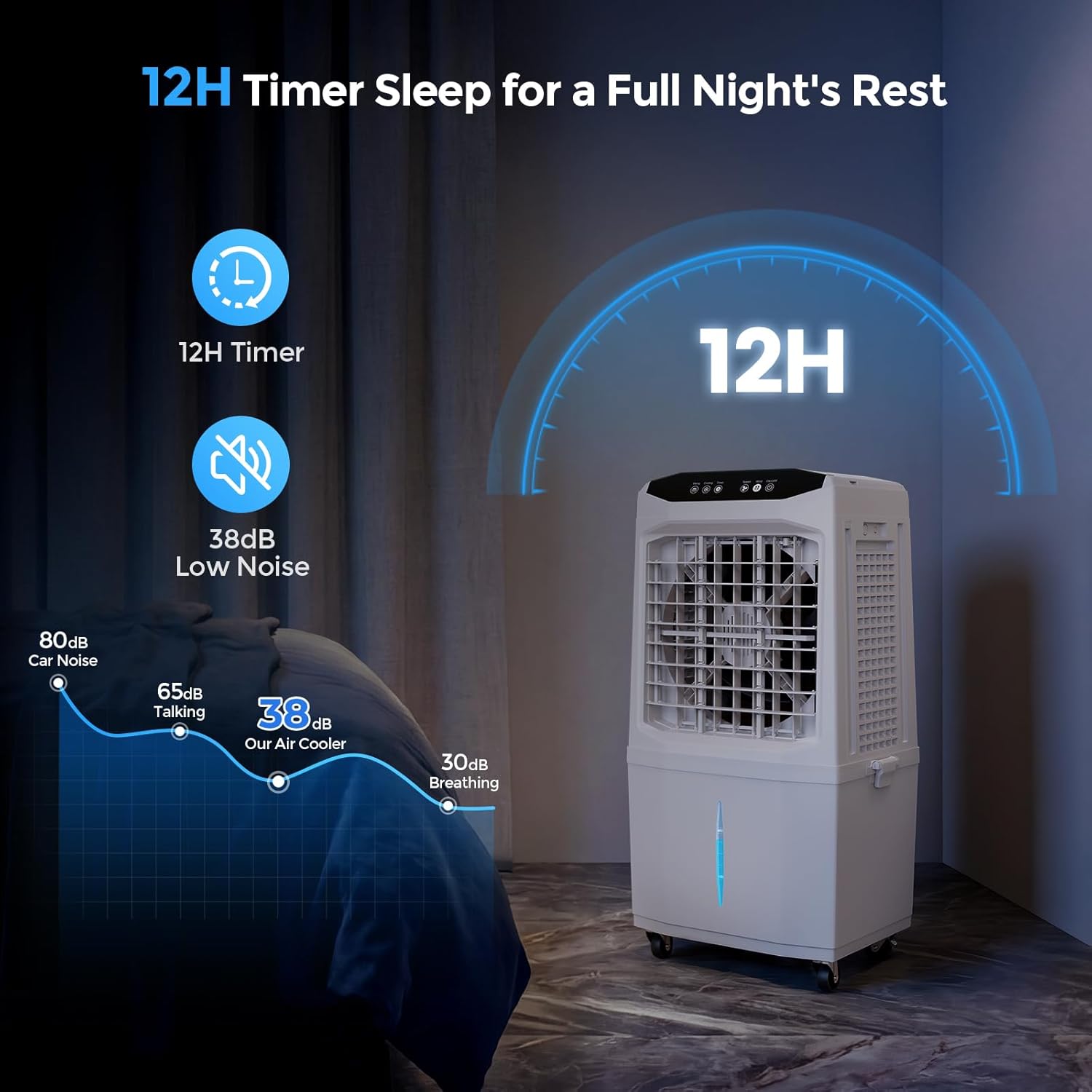 Cooler Fan, 90° Auto Swing Air Cooling Fan, 7 Gal Water Tank for 30H Cooling, 3 Modes & 3 Speeds,12H Timer