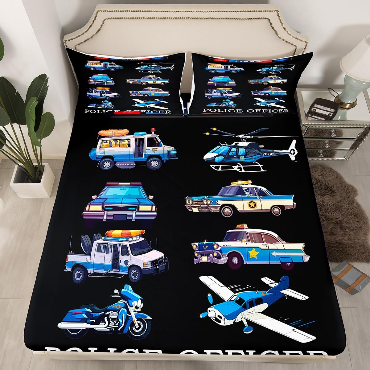 Housse de lit enfant motif police et avion idéale pour décorer une chambre de garçon ou fille