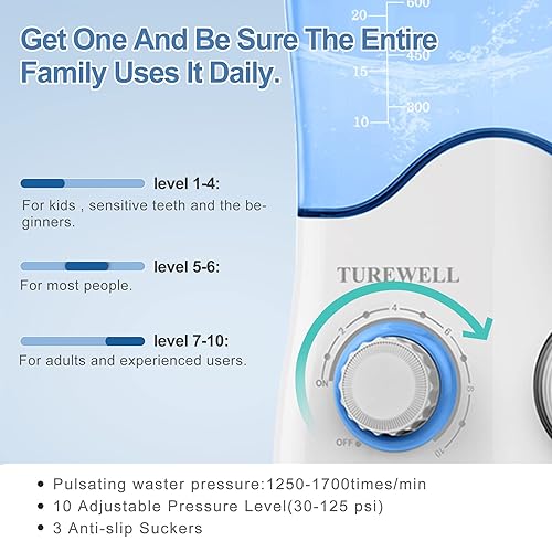 Miniatura 6 de TUREWELL FC162 - Irrigador dental de agua para dientes, 10 niveles de presión, 8 puntas de chorro de agua para la familia, irrigador oral dental