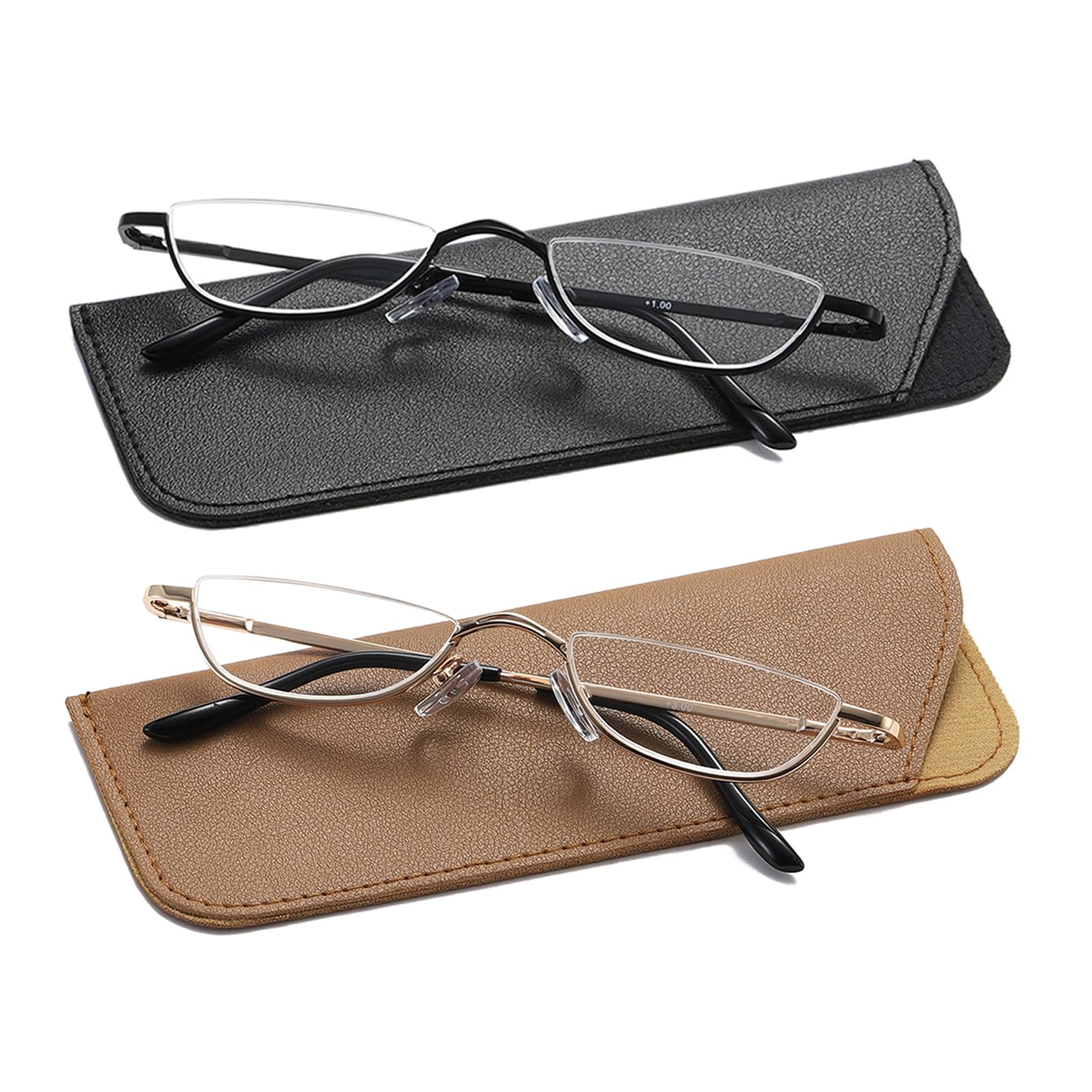 Hubeye 2 works Half Moon Reading Glasses for Women and Men Metal Slim Half Frame Lens Ultra Thin Readers with Spring Hinges and Leather case 1.50 - Image 2