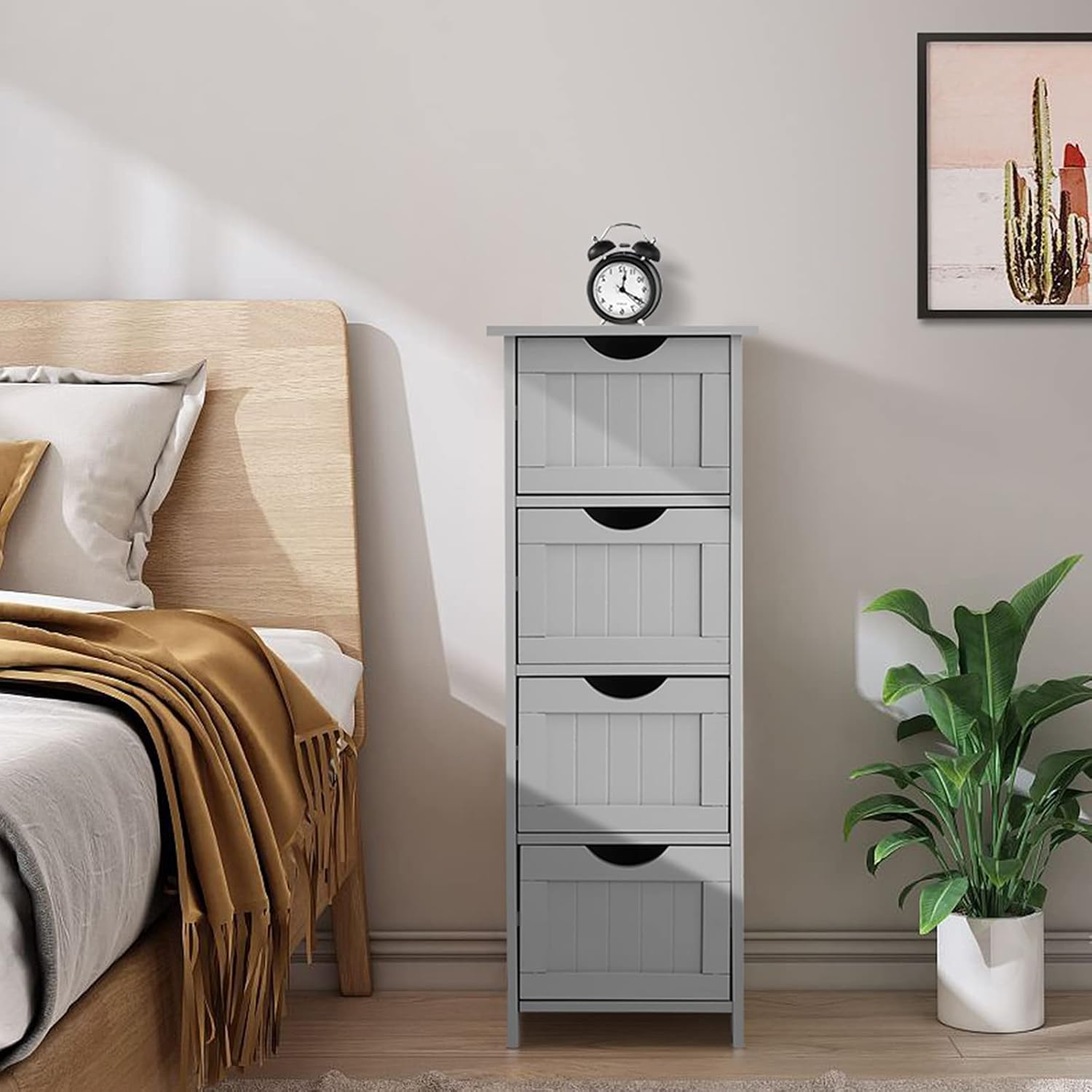 Bonnlo Bathroom Organizer and Storage Wooden Side Bathroom Cabinet with 4 Drawers Free Standing Cabinet White for Bathroom Bedroom Living Room Hallway, 11 13/16" x11 13/16" x32 3/8" (Grey)