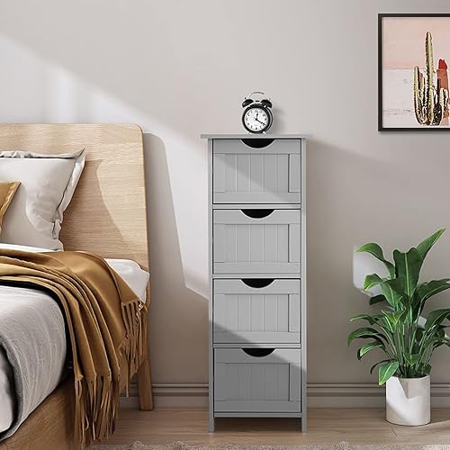 Miniatura 8 de Bonnlo Organizador de baño y almacenamiento lateral de madera con 4 cajones, gabinete de pie blanco para baño, dormitorio, sala de estar, pasillo,