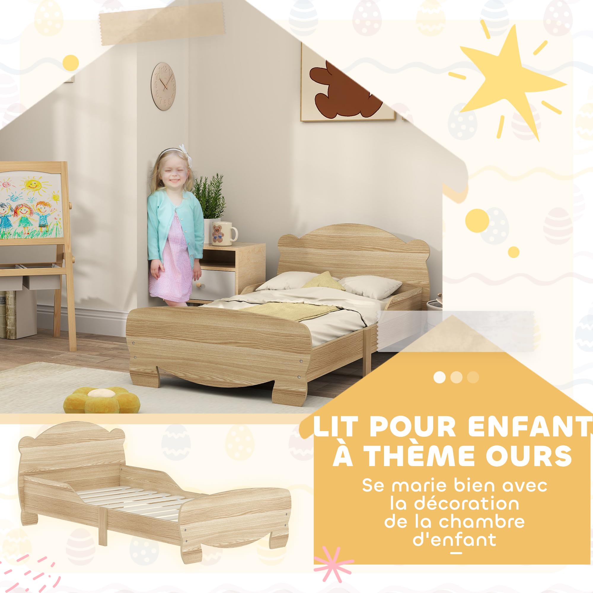 AIYAPLAY Kinderbett 70x140cm für Jungen und Mädchen 3-6 Jahre Naturholz | Kinderbett mit Sicherheitsbarriere, Lattenrost, Bären-Dekor