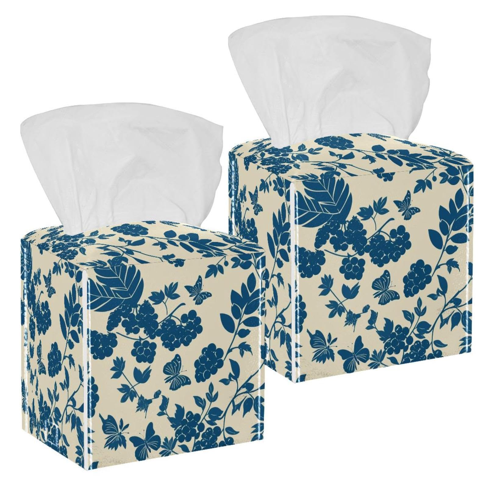 Artistic Leaves Tissue Box Cover, 2 Pack PU Leather Square Facial Tissue Dispenser Box holder for Home Office Car