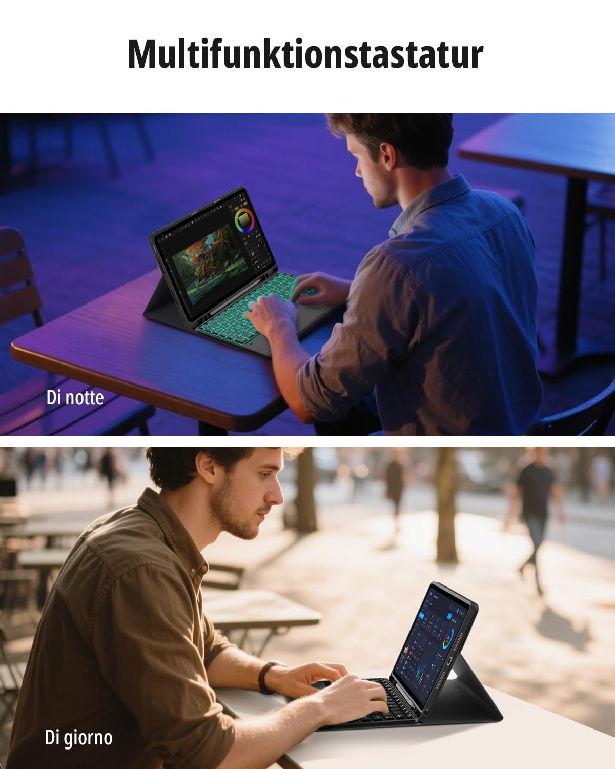 CACOE Tastatur Hülle für Lenovo Idea Tab 2025 11 Zoll (TB-336ZU TB-336FU) mit Touchpad, 7-Farbige Hintergrund Beleuchtung, Abnehmbare Kabellose [QWERTZ] Tastatur Hülle mit Stützfunktion, Schwarz