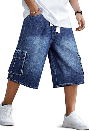 GINGTTO Mens Baggy Denim Shorts Cargo Capri Jorts Men Y2k Below The Knee Jean Shorts Men Vintage Long Dark Blue 30