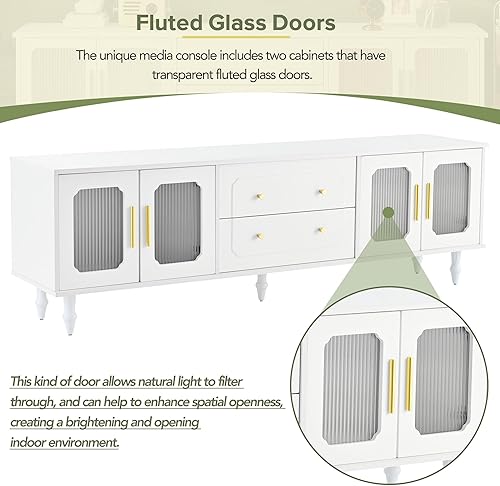 Miniatura 103 de Merax Soporte de TV de diseño retro con puertas de vidrio estriado y 2 cajones y armarios para televisores de hasta 78 pulgadas, práctica consola