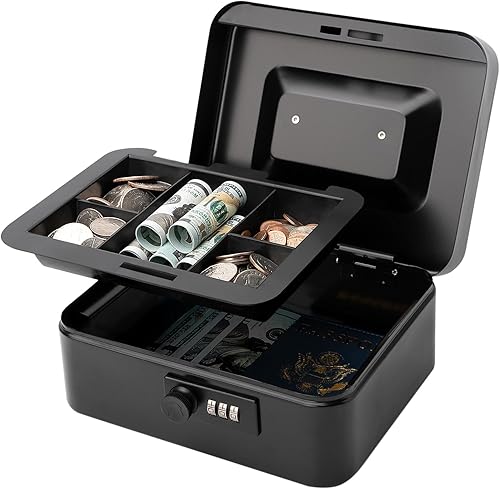 Miniatura 10 de Jssmst - Caja para dinero mediana con cerradura de combinación, caja de metal duradera con bandeja para dinero, color azul claro, 7.87 x 6.3 x 3.35