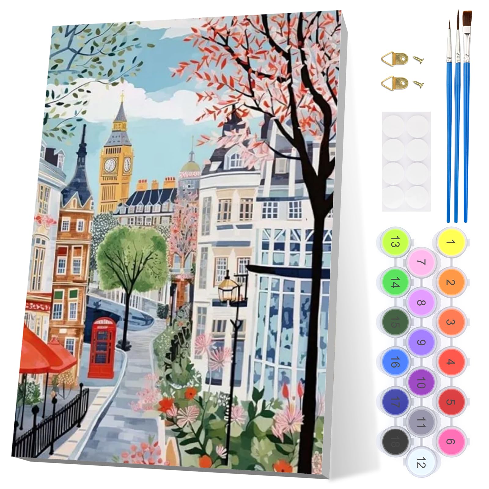 EOBROMD London Streets Paint by Numbers for Adults with Frame, Big Ben Paint by Numbers Kits, Acrylic Easy Painting by Numbers for Gift Home Wall Decor 8x12in