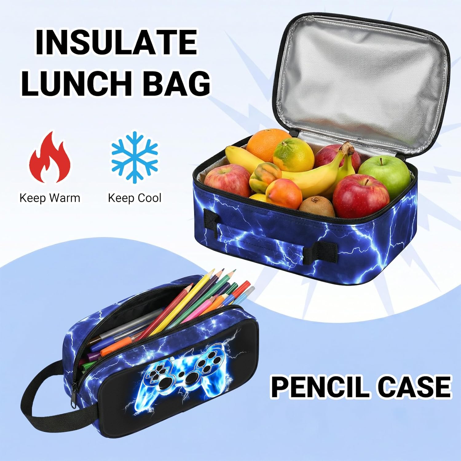 School Backpack for Boys - 4pcs Gamer Boys Backpack with Lunch Box Set for Kids Teens Elementary Middle School, 18" Large Capacity Waterproof Bookbag with Usb Charging Port, Daypack for age 6-18