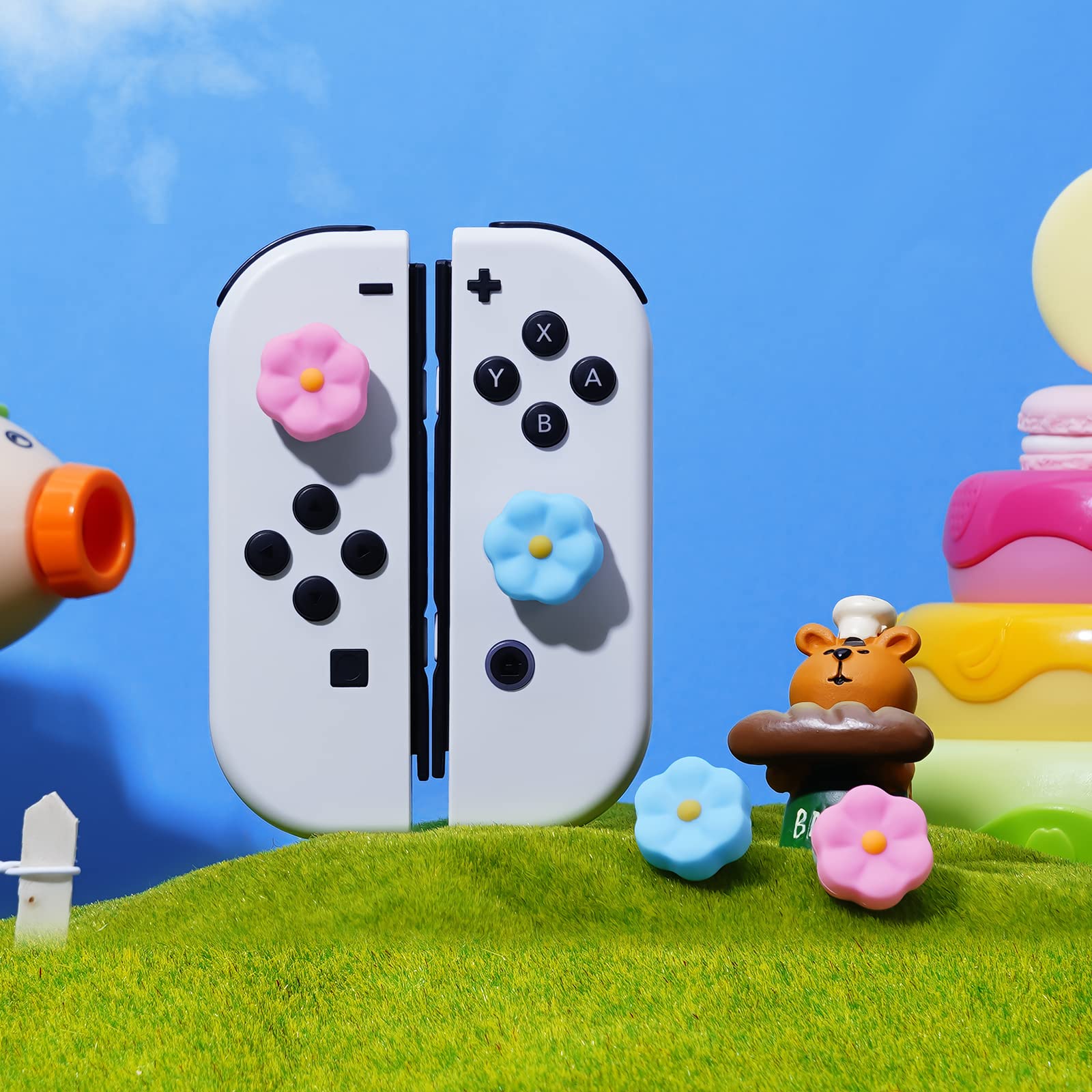 JINGDU Thumb Grip Caps for Switch Joy-Con, Cute Joystick Covers with 3D Pattern Cover Soft Adorable Silicone Analog 4Pcs Kit for Switch/OLED/Lite, Flower — view 3