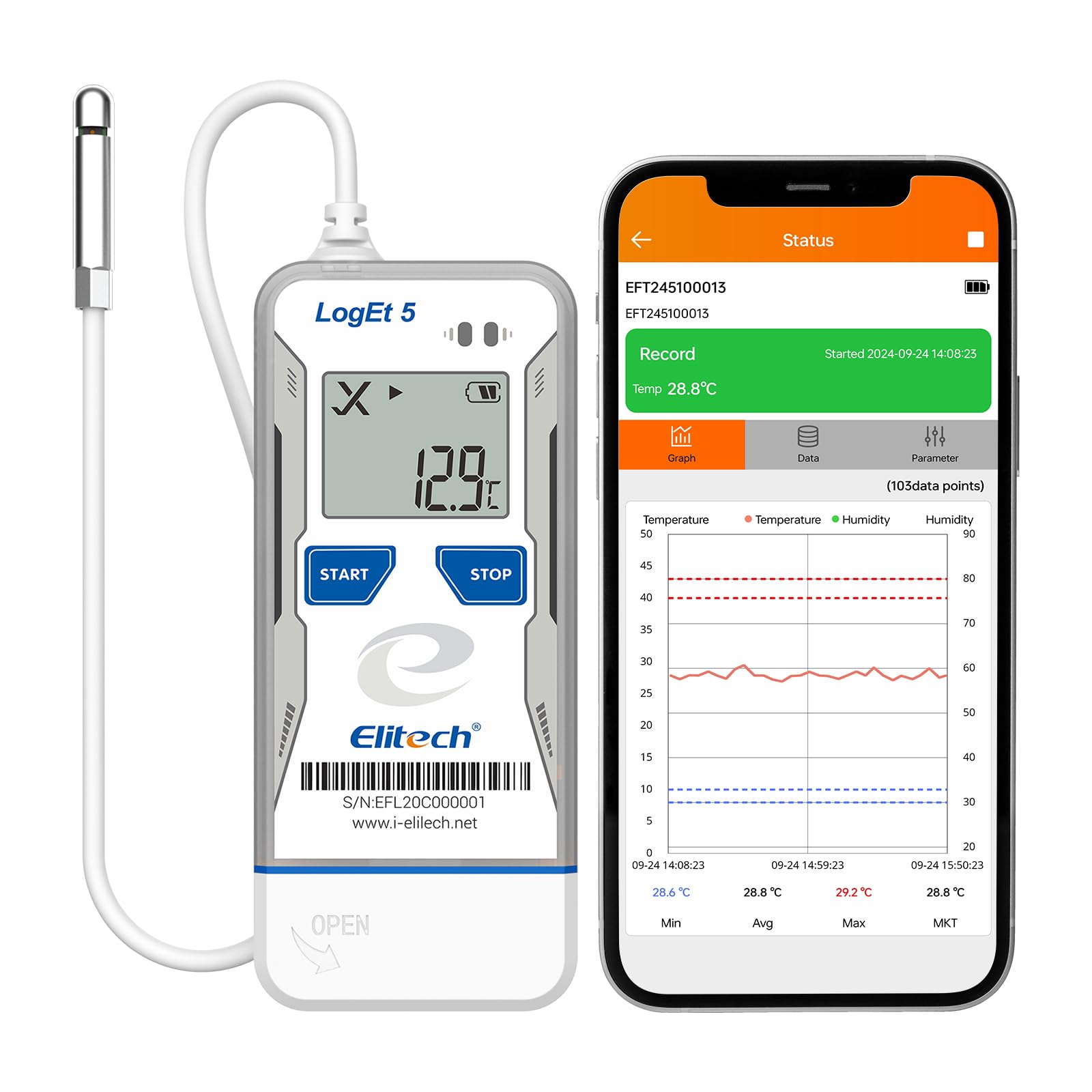 Elitech Rejestrator temperatury i wilgotności USB z zewnętrzną sondą Bluetooth, wielokrotnego użytku i nagrywanie danych wstępnych, raporty PDF CSV Auto, termometr do lodówki LogEt5BTHE