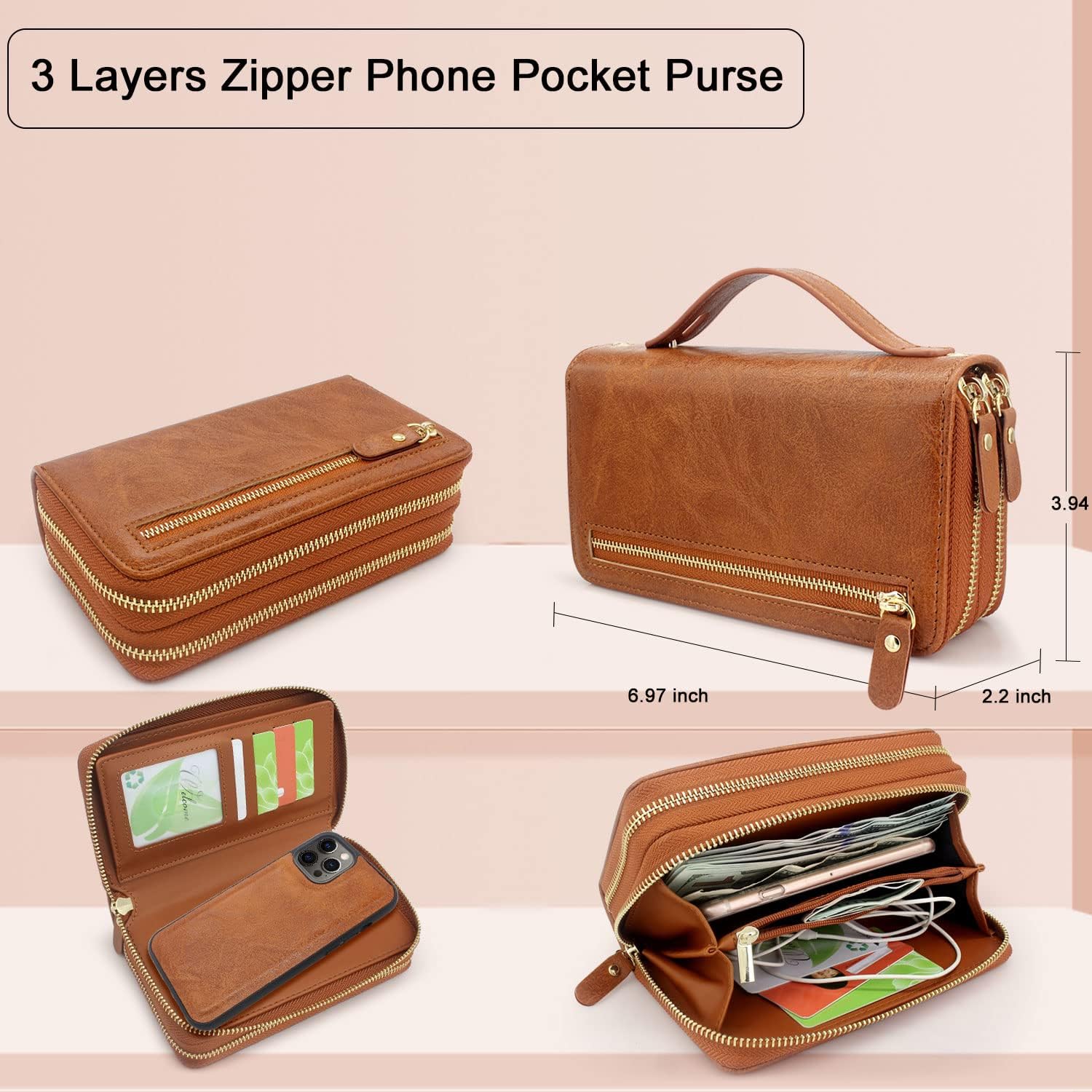 Harryshell Compatible with iPhone 12 Pro Max 6.7 inch 2020 Case Wallet Multi Zipper Detachable Magnetic Cover Clutch Purse with Card Slots Mirror Crossbody Wrist Strap (Light Brown)