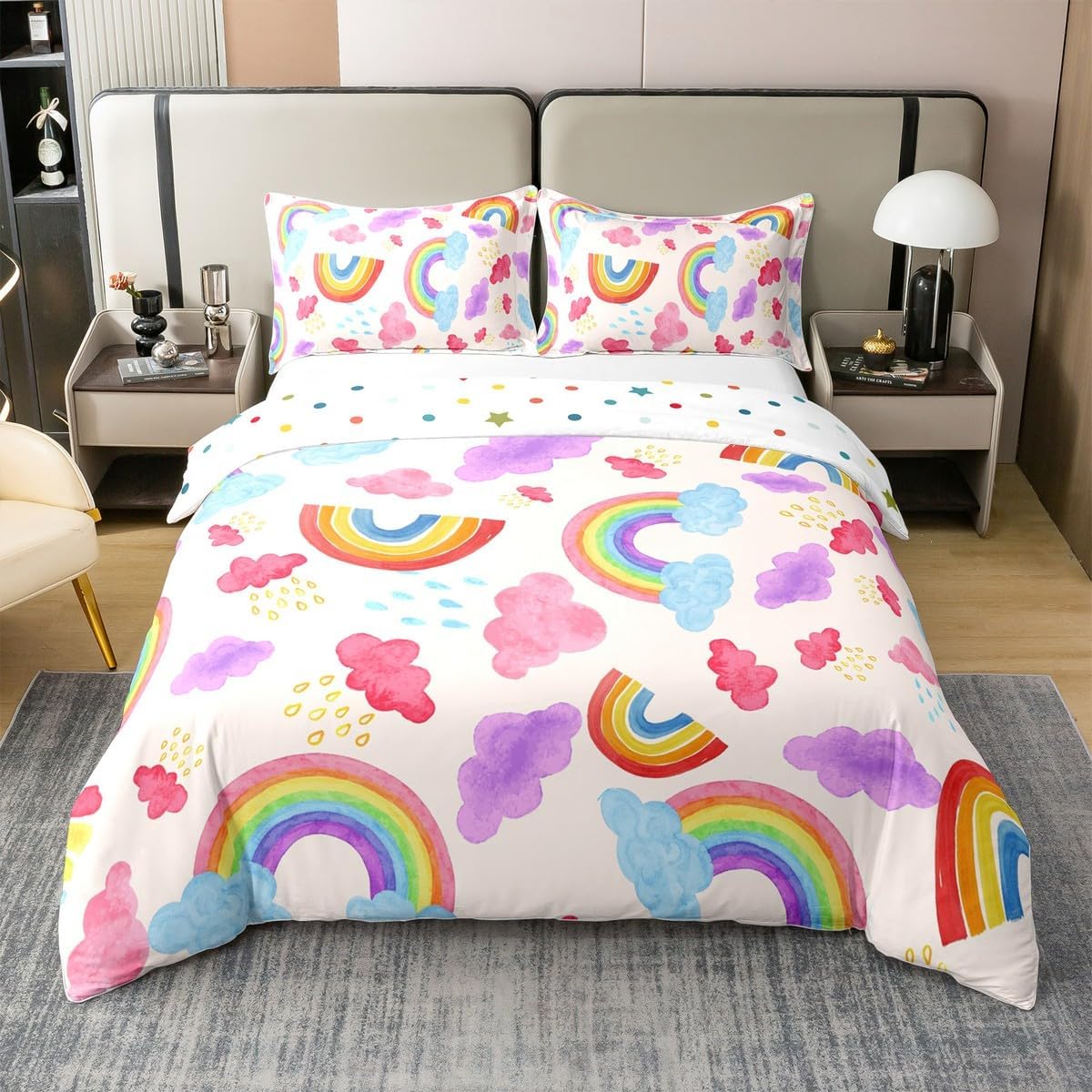 Rainbow Duvet Cover Set 100% Organic Cotton King Size Watercolor Rainbow Clouds Rain Comforter Cover with 2 Pillowcases Cartoon Style Bedding Set for Bedroom Dcor,3 Pcs(Not Comforter)