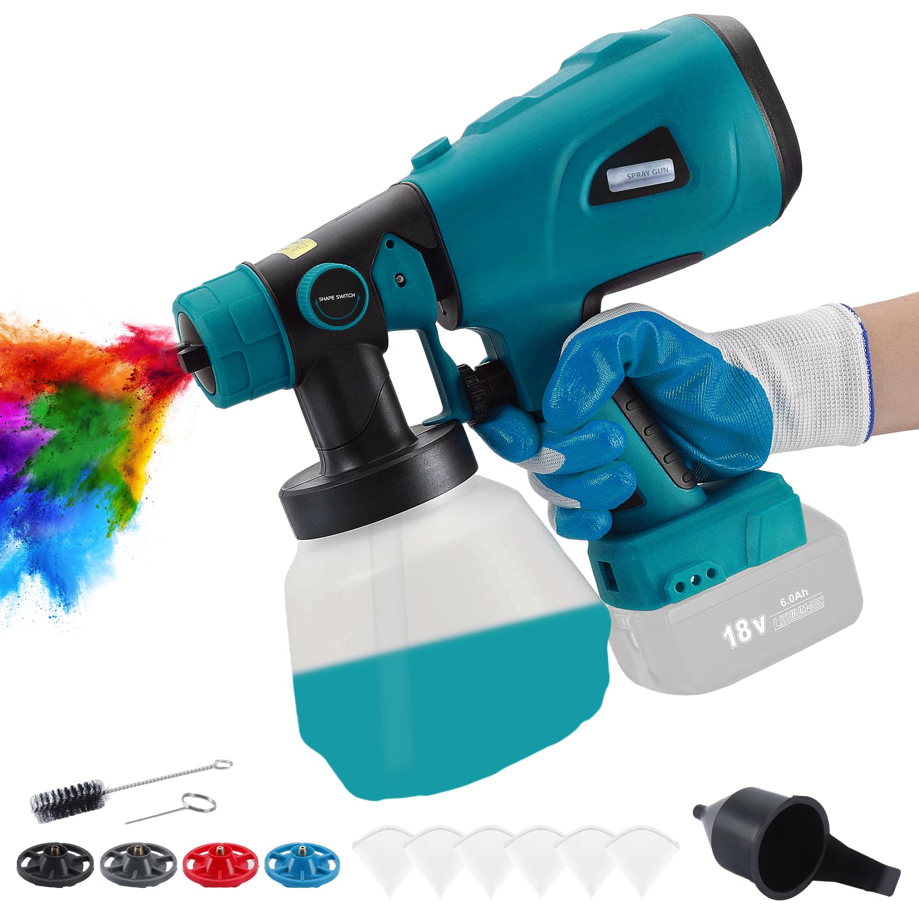 VAYALT Pistola de Pintura, Pistola Pintura Electrica con Contenedor de 1200ml, 4 Boquillas de Latón, Flujo y áNgulo de Rociado Ajustables, Sistema De PulverizacióN De Pintura (Sin BateríA)