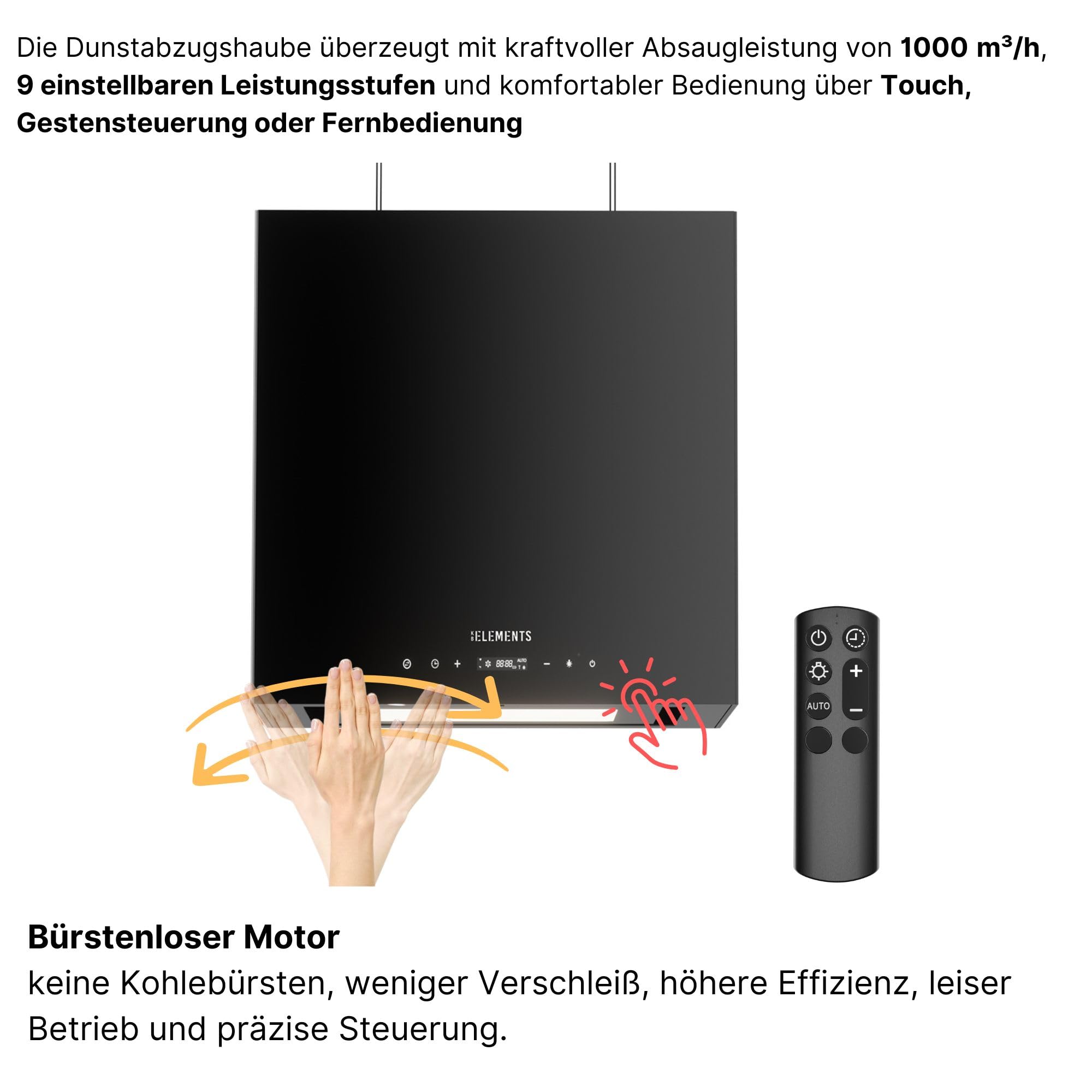 Inselhaube, dunstabzugshaube insel freihängend, Dunstabzugshaube mit 1000m³/h starke Saugleistung, Brushless-Motor, mit Fernbedienung, Touch-Gestensteuerung