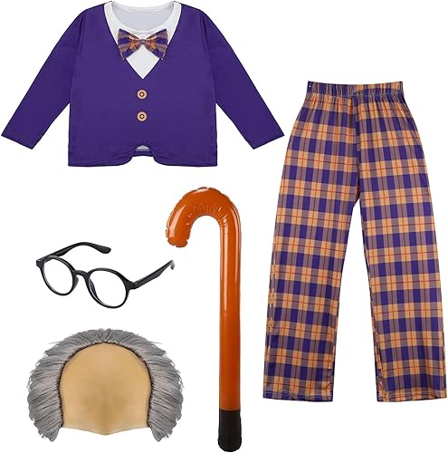 Disfraz de anciano para niños disfraz de casquillo calvo disfraz de 100 días de escuela disfraz de abuelo para niños camisa con corbatín pantalón