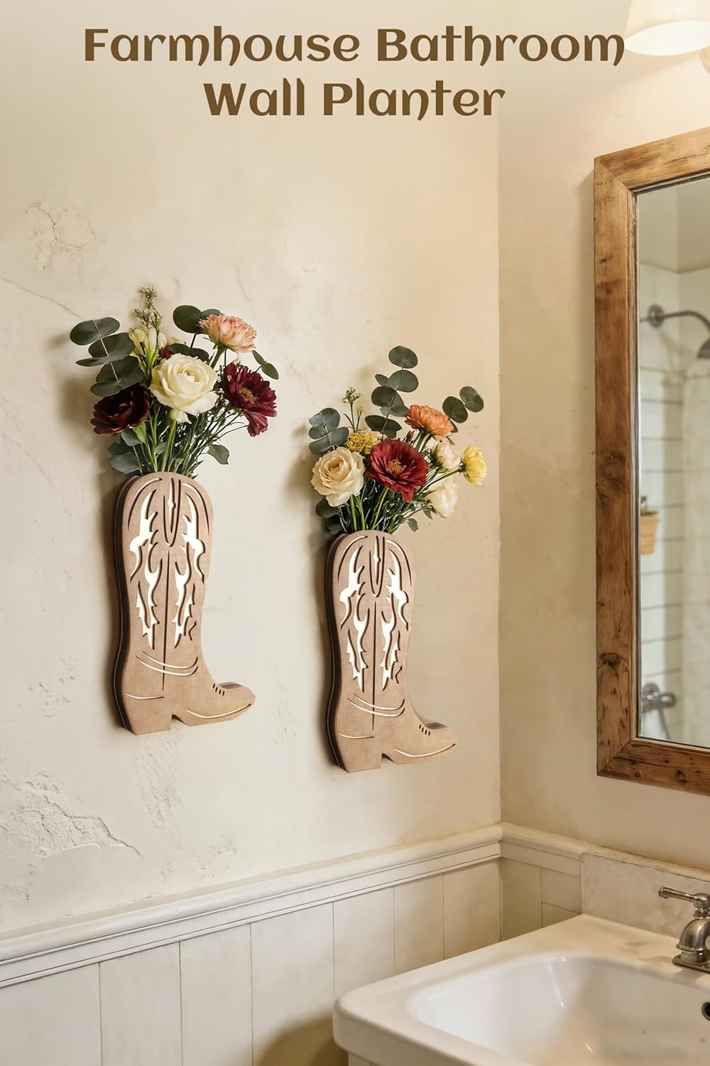 Cowboy Boot Wall Planter Decor: Western Farmhouse Wooden Boots Wall Decor Cowgirl Flower Hanging Vase for Bedroom, Living Room, Dining Room, Entryway, Bathroom Faux Floral Display Retro Style 2 Pcs