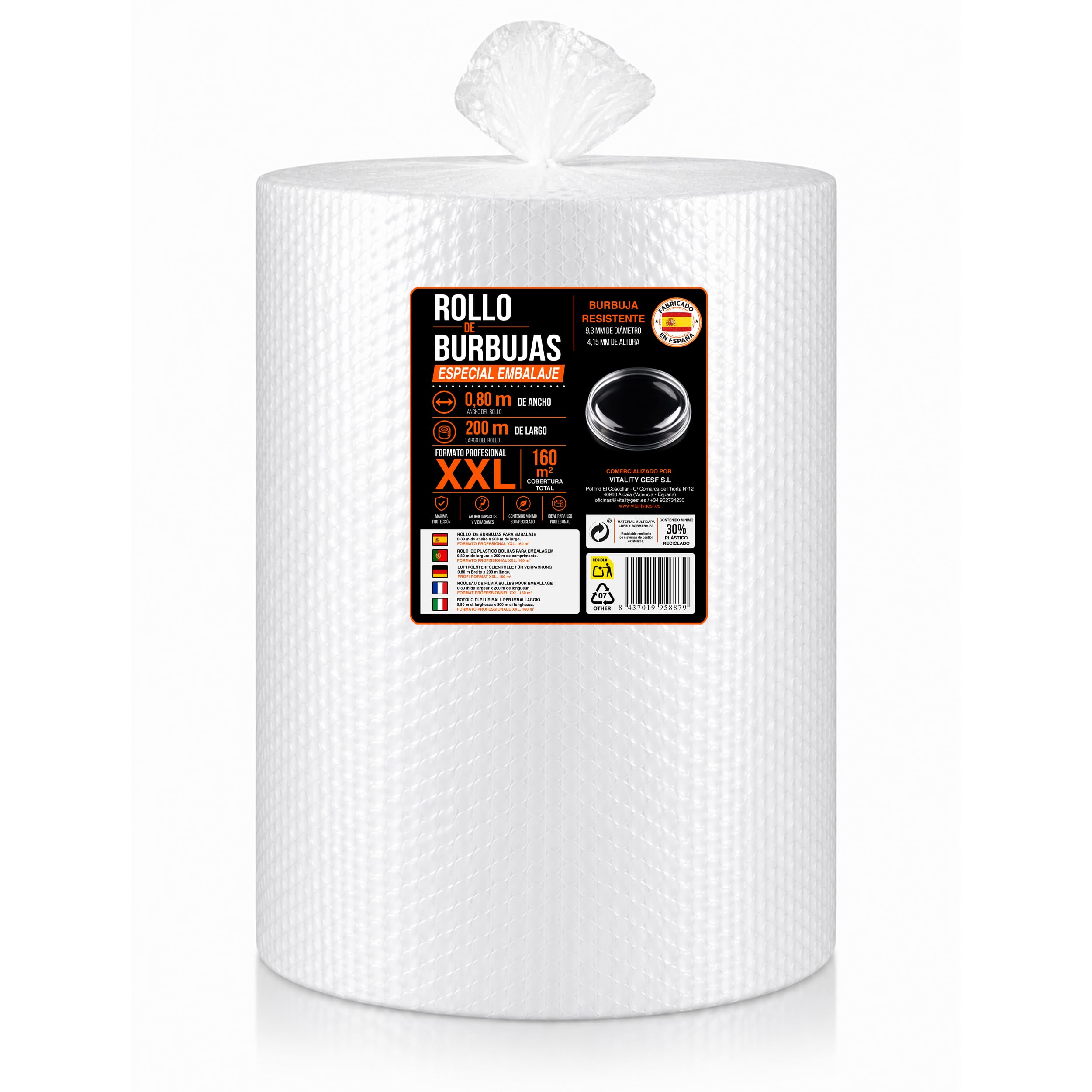 Plástico de Burbujas Rollo XXL Grande 0,8m x 200 m (160 m²) | Papel Burbuja Embalaje Profesional para Mudanzas, Envíos, Ecommerce y Objetos Frágiles | Ultra Resistente