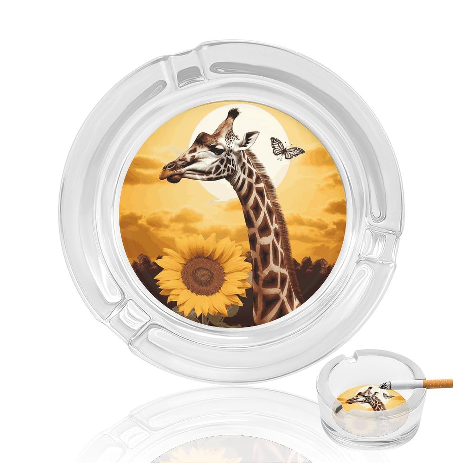 Giraffe And Sunflower Glass Ashtray for Cigarette,Cigarette Ashtray for Indoor Or Outdoor Use,Cigar ash trays case with 3 Notches-Glass Decor Gift for Men Smokers