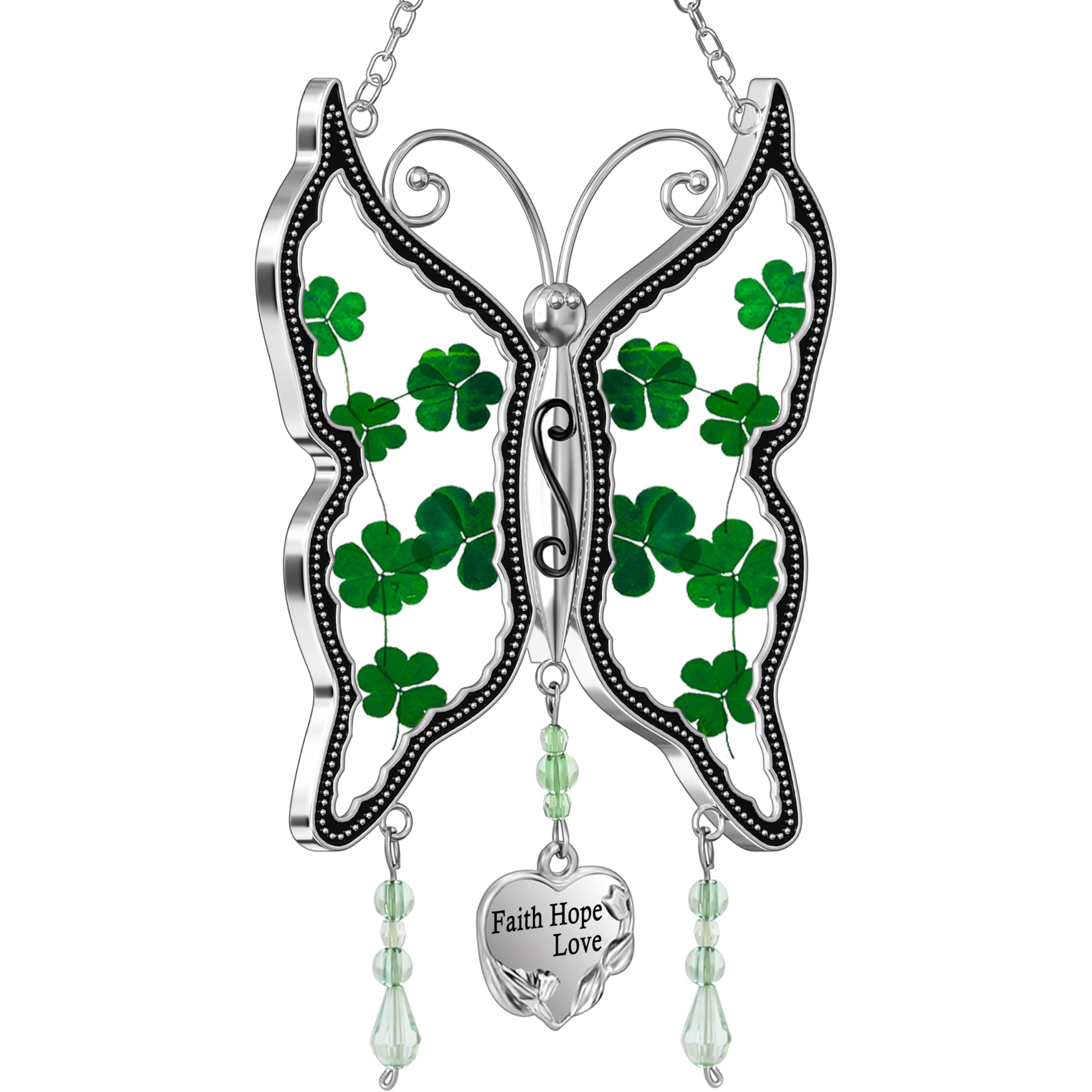 KY&BOSAM 'I Love You' Butterfly Suncatcher - Stained Glass With Pressed Flowers & Heart Charm, Gift For Mom, Grandma, Birthday, Mother's Day