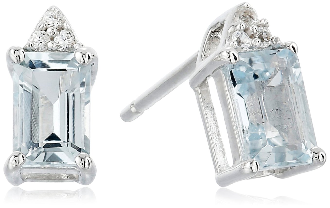 JeweliliSterling Silver Emerald Cut Aquamarine and Round Created White Sapphire Earrings